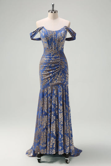 Corsé Gris Azul Sirena Off The Shoulder Vestido largo de dama de honor fruncido